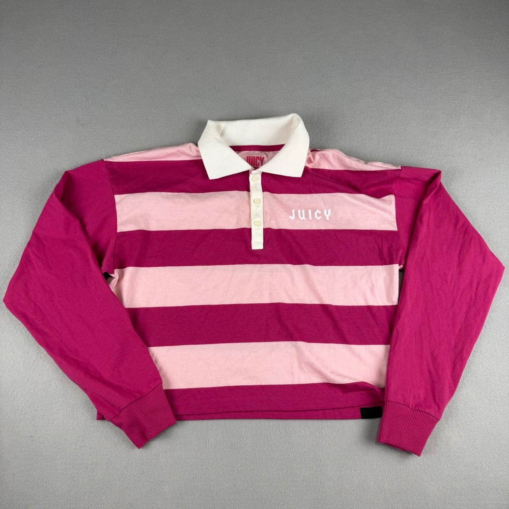 Juicy by Juicy Couture Pink Striped Long Sleeve Cropped Rugby Polo Shirt Small
